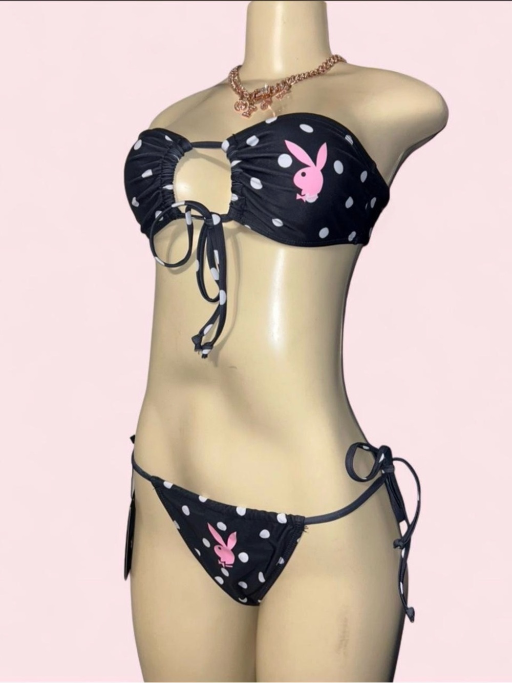 PLAYBOY Black Polka Dot Bandeau Bikini with Pink Bunny